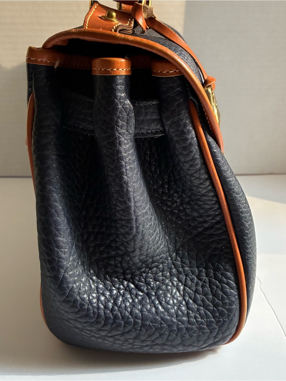 Vintage 80’s Dooney & Bourke Black Pebbled Leather Satchel with Brown Trim Navy - Picture 3 of 15